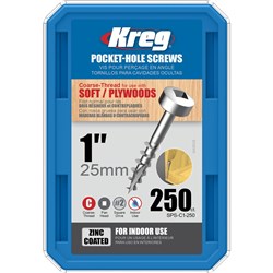 Kreg Pocket Screws 1" 7g Coarse Thread Pan Head - 250pc